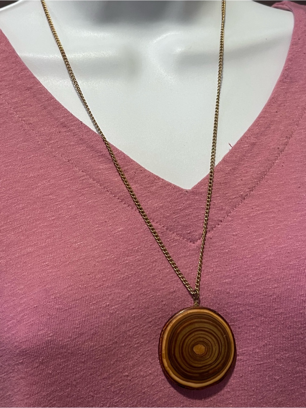 Real Wood Slice Pendant Necklace - Gold Chain